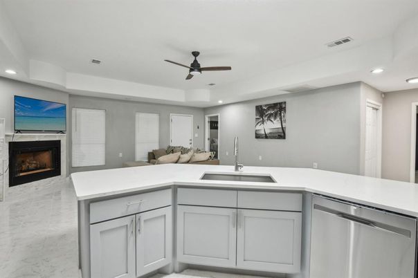 Fireplace, Interior, Kitchen, Living room, Marble, Recessed Lighting