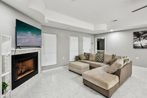 Fireplace, Interior, Living room, Marble, Recessed Lighting