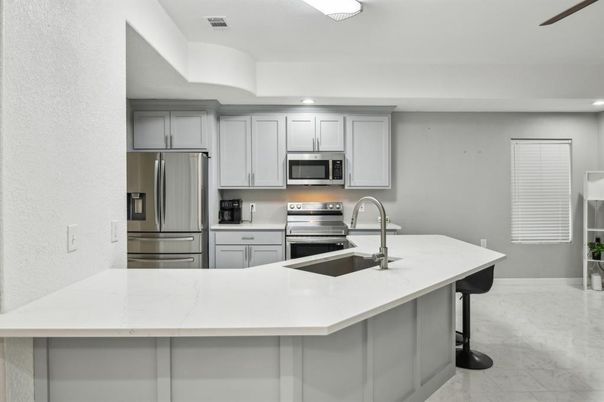Interior, Kitchen, Marble, Recessed Lighting, Stainless Steel Appliances