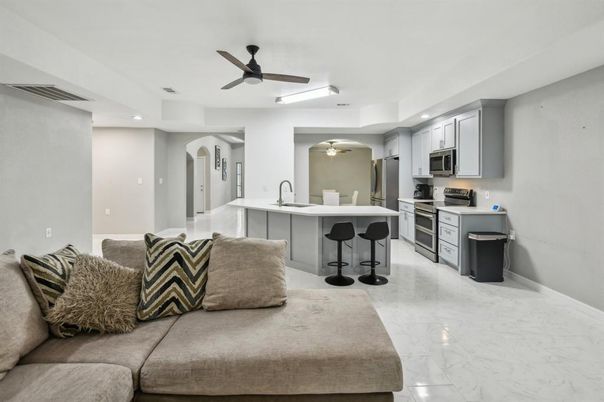 Interior, Kitchen, Living room, Marble, Recessed Lighting, Stainless Steel Appliances