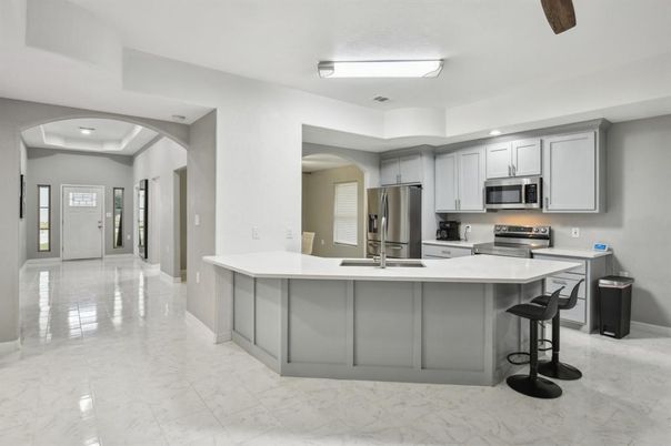 Interior, Kitchen, Marble, Recessed Lighting, Stainless Steel Appliances