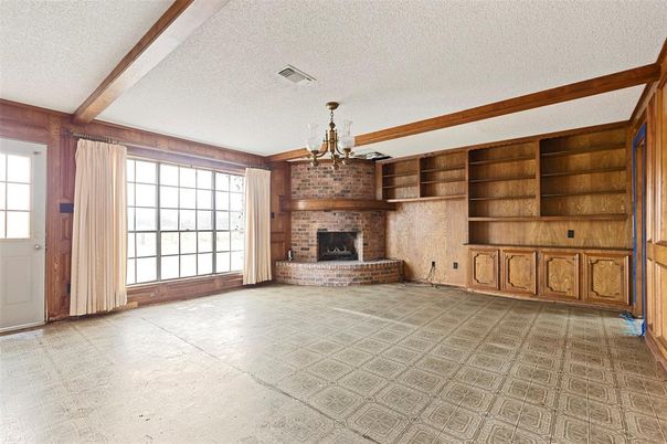 Chandelier, Empty room, Fireplace, Interior, Wooden Beams