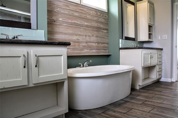 Bathroom, Free Standing Baths, Interior, Wood Texture Flooring, Wooden Walls