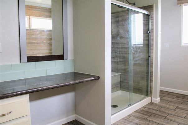 Bathroom, Glass Shower, Interior, Wood Texture Flooring