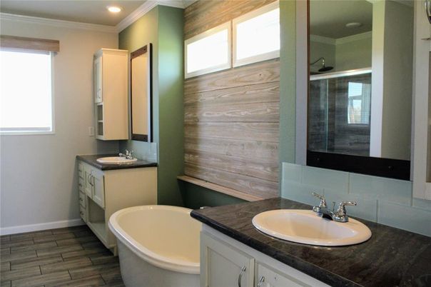 Bathroom, Dual Sink Vanities, Free Standing Baths, Interior, Recessed Lighting, Wood Texture Flooring