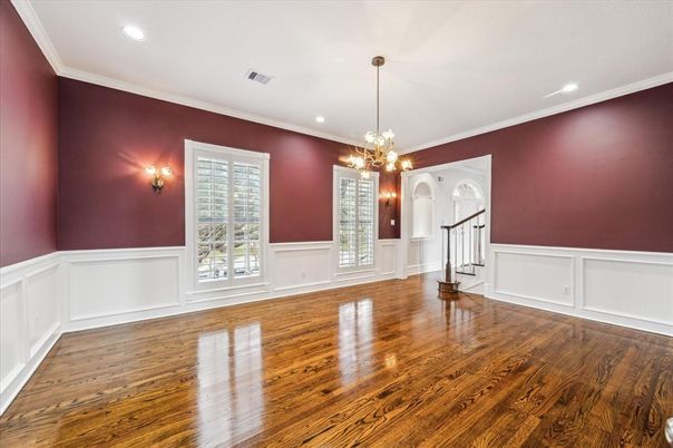 Empty room, Interior, Pendant Lights, Recessed Lighting, Wood Texture Flooring