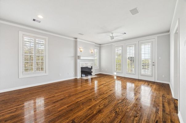 Empty room, Fireplace, Interior, Recessed Lighting, Wood Texture Flooring