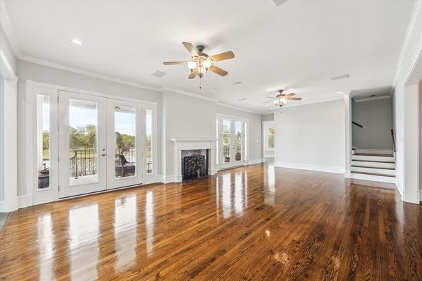 Empty room, Fireplace, Interior, Recessed Lighting, Wood Texture Flooring