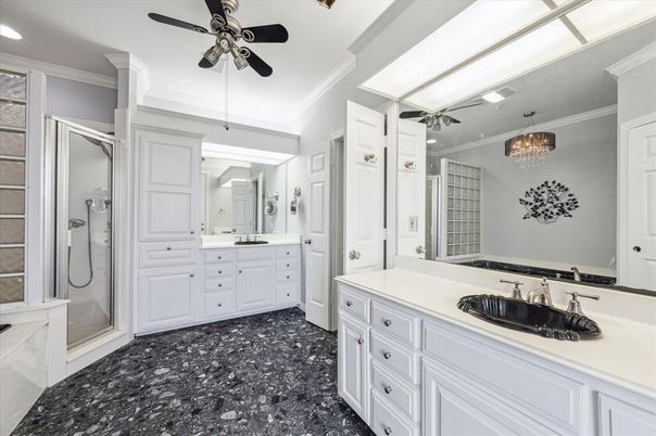 Bathroom, Chandelier, Dual Sink Vanities, Interior, Recessed Lighting