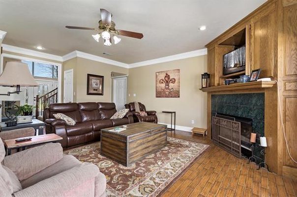 Fireplace, Interior, Living room, Recessed Lighting, Wood Texture Flooring