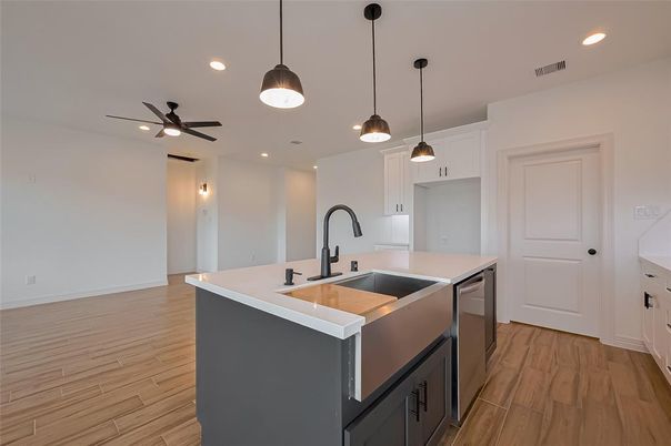 Interior, Kitchen, Pendant Lights, Recessed Lighting, Wood Texture Flooring