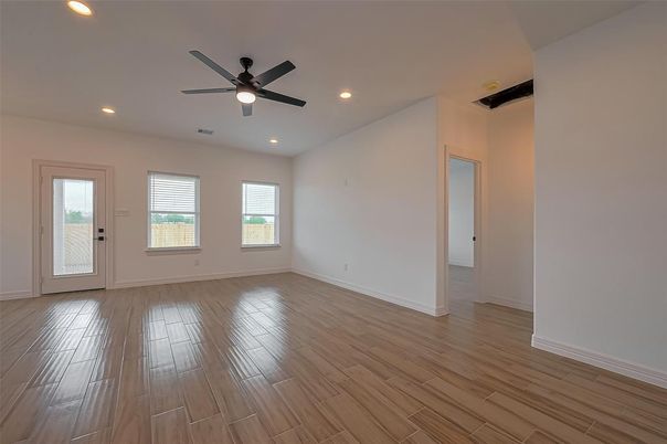 Empty room, Interior, Recessed Lighting, Wood Texture Flooring