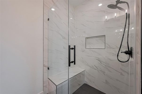 Bathroom, Glass Shower, Interior, Marble Walls, Recessed Lighting