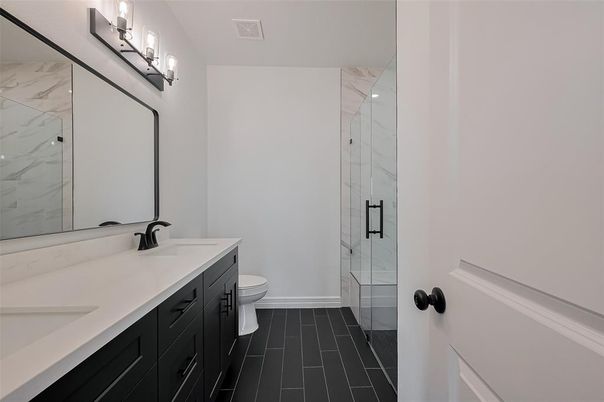Bathroom, Dual Sink Vanities, Glass Shower, Interior, Marble Walls