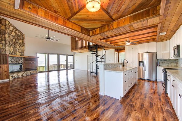 Fireplace, Interior, Kitchen, Stone Walls, Wooden Beams, Wooden Ceilings, Wood Texture Flooring