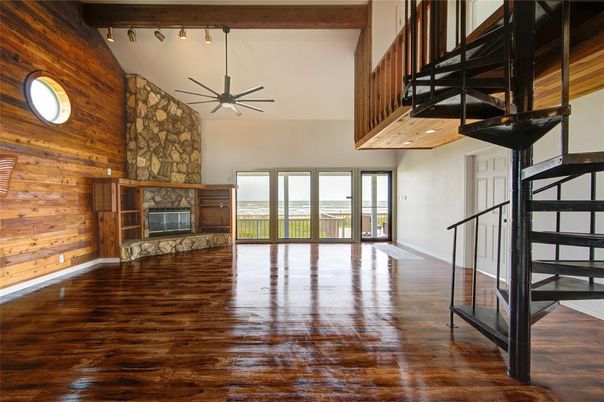 Empty room, Fireplace, Interior, Wooden Beams, Wood Texture Flooring, Wooden Walls