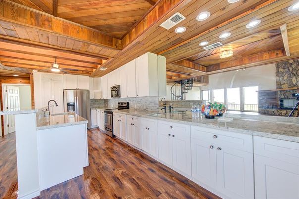 Interior, Kitchen, Recessed Lighting, Stainless Steel Appliances, Wooden Beams, Wooden Ceilings, Wood Texture Flooring