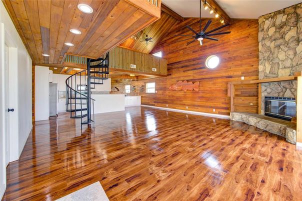 Empty room, Fireplace, Interior, Recessed Lighting, Wooden Beams, Wooden Ceilings, Wood Texture Flooring, Wooden Walls