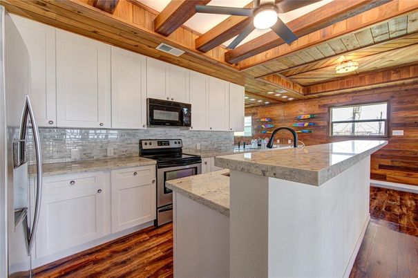 Interior, Kitchen, Stainless Steel Appliances, Wooden Beams, Wooden Ceilings, Wood Texture Flooring, Wooden Walls