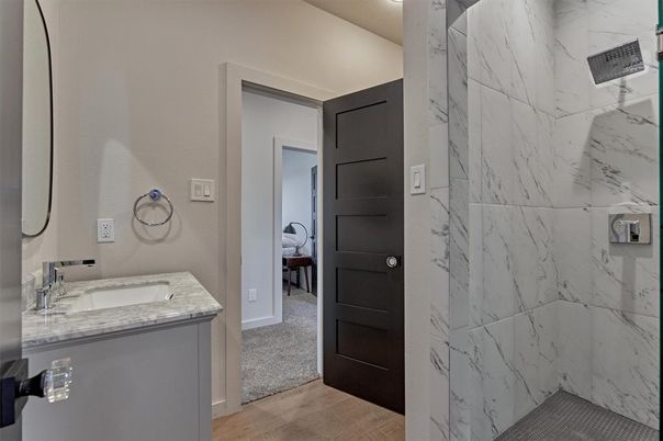 Bathroom, Interior, Marble Walls, Wood Texture Flooring