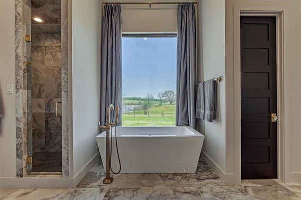 Bathroom, Free Standing Baths, Glass Shower, Interior, Marble, Marble Walls