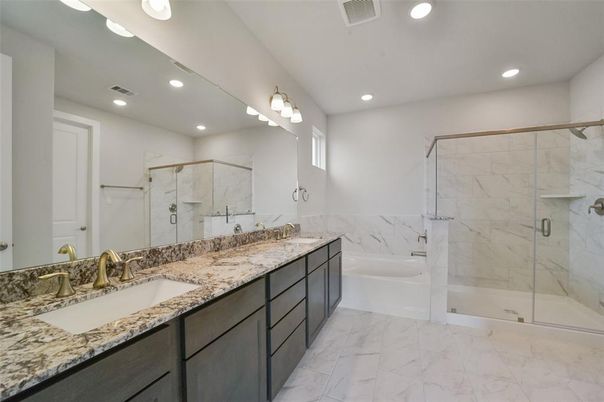 Bathroom, Dual Sink Vanities, Glass Shower, Interior, Marble, Marble Walls, Recessed Lighting