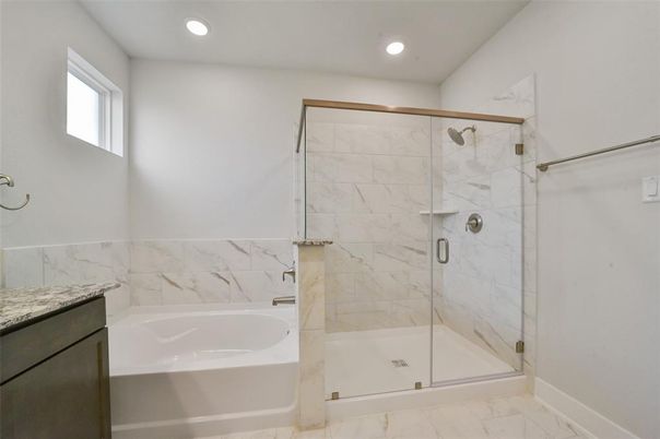 Bathroom, Glass Shower, Interior, Marble, Marble Walls, Recessed Lighting