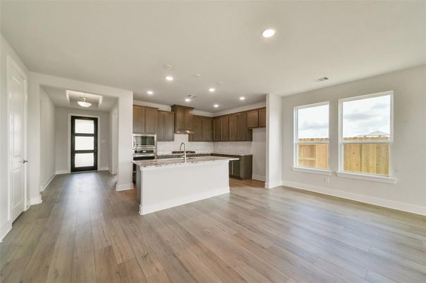 Empty room, Interior, Kitchen, Recessed Lighting, Wood Texture Flooring