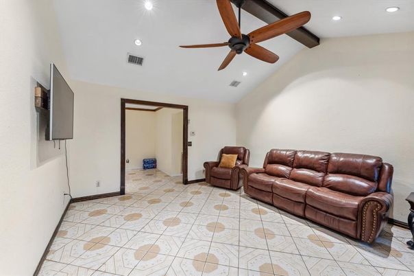 Interior, Living room, Recessed Lighting, Wooden Beams