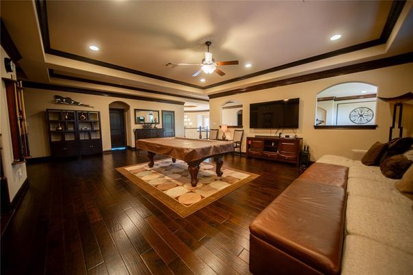 Billiard Table, Game Room, Interior, Recessed Lighting, Wood Texture Flooring