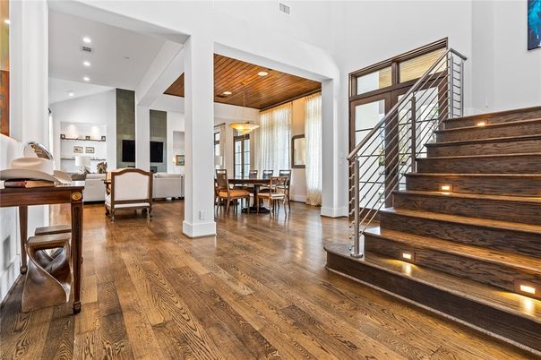 Dining room, Fireplace, Interior, Living room, Pendant Lights, Recessed Lighting, Wooden Ceilings, Wood Texture Flooring