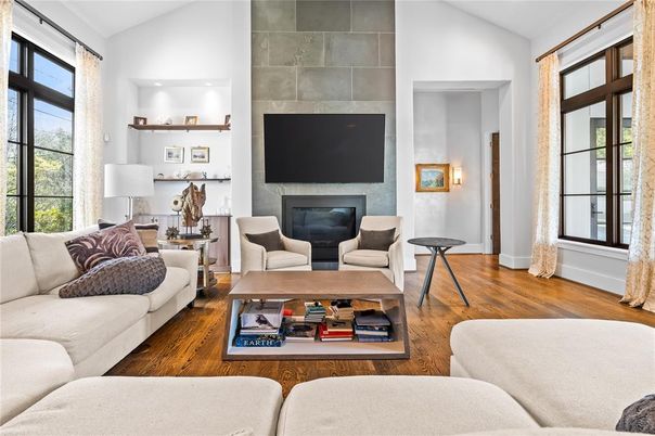 Fireplace, Interior, Living room, Recessed Lighting, Wood Texture Flooring
