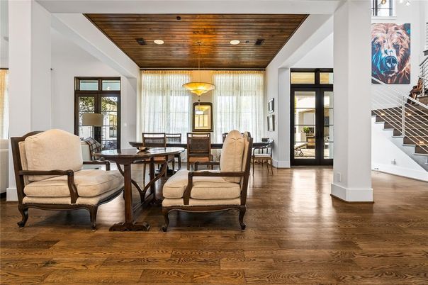 Dining room, Interior, Pendant Lights, Recessed Lighting, Wooden Ceilings, Wood Texture Flooring