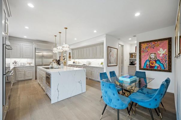 Dining room, Interior, Kitchen, Pendant Lights, Recessed Lighting, Stainless Steel Appliances, Wood Texture Flooring