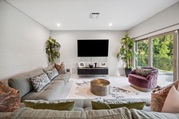 Interior, Living room, Recessed Lighting, Stone Walls