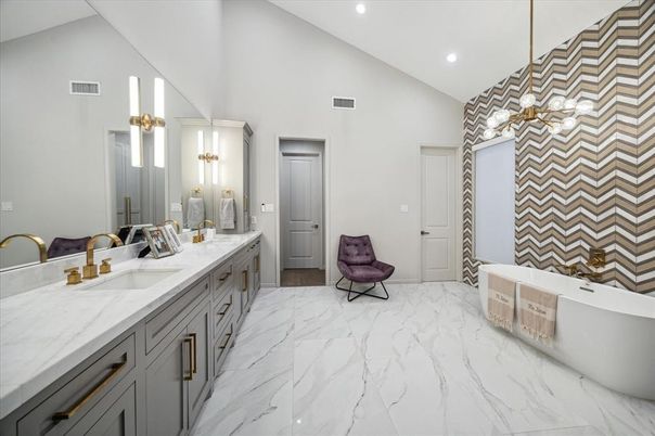 Bathroom, Dual Sink Vanities, Free Standing Baths, Interior, Marble, Recessed Lighting