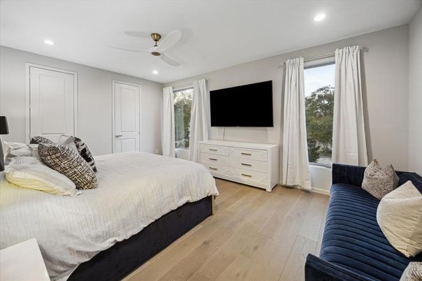Bedroom, Interior, Recessed Lighting, Wood Texture Flooring