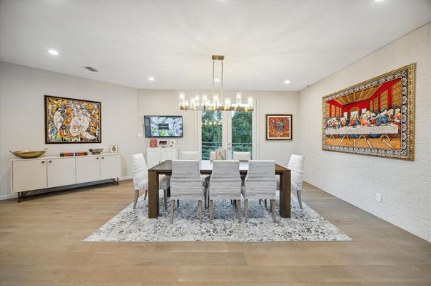 Dining room, Interior, Pendant Lights, Recessed Lighting, Wood Texture Flooring