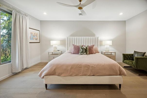Bedroom, Interior, Recessed Lighting, Wood Texture Flooring