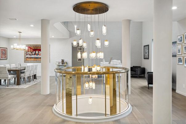 Chandelier, Dining room, Interior, Pendant Lights, Recessed Lighting, Wood Texture Flooring