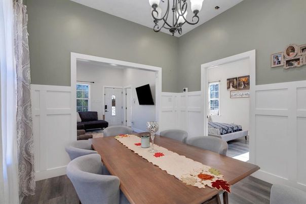 Chandelier, Dining room, Interior, Wood Texture Flooring