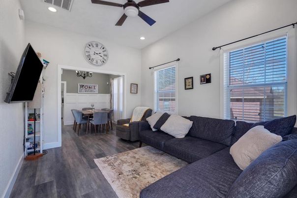 Dining room, Interior, Living room, Recessed Lighting, Wood Texture Flooring