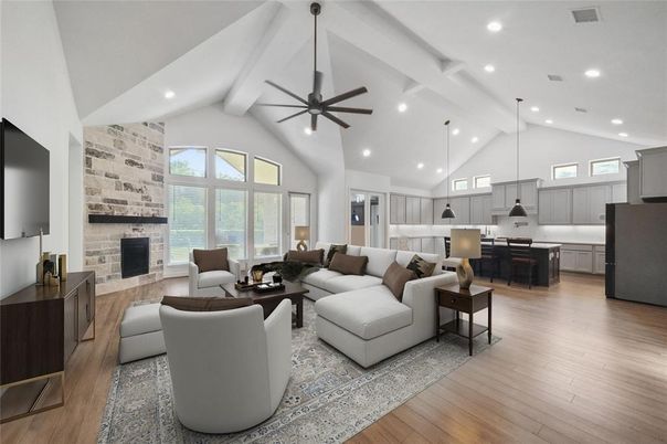Fireplace, Interior, Kitchen, Living room, Pendant Lights, Recessed Lighting, Stone Walls, Wood Texture Flooring