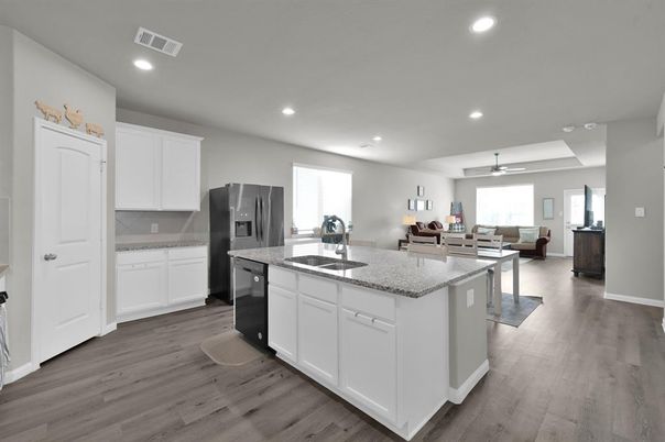 Dining room, Interior, Kitchen, Recessed Lighting, Stainless Steel Appliances, Wood Texture Flooring