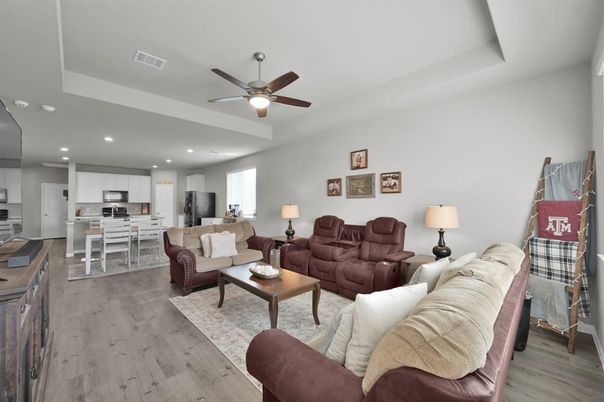 Dining room, Interior, Kitchen, Living room, Recessed Lighting, Stainless Steel Appliances, Wood Texture Flooring