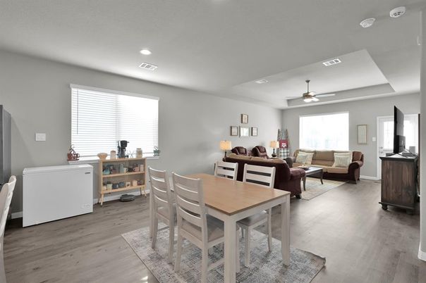 Dining room, Interior, Living room, Recessed Lighting, Wood Texture Flooring