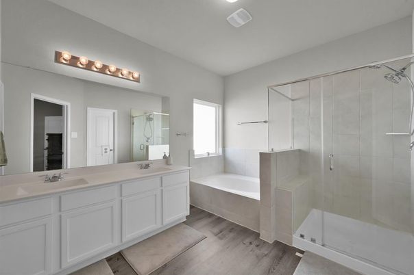 Bathroom, Dual Sink Vanities, Glass Shower, Interior, Wood Texture Flooring