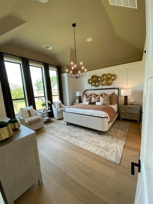 Bedroom, Chandelier, Interior, Pendant Lights, Wood Texture Flooring