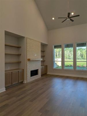 Empty room, Fireplace, Interior, Recessed Lighting, Wood Texture Flooring