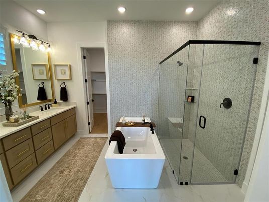 Bathroom, Dual Sink Vanities, Free Standing Baths, Glass Shower, Interior, Marble, Recessed Lighting